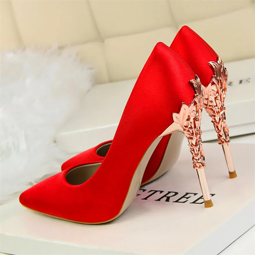 2025 novo elegante metal esculpido salto feminino bombas de seda sólida apontou toe rasa moda salto alto 10cm feminino vestido de casamento sapatos