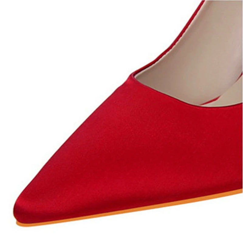 2025 novo elegante metal esculpido salto feminino bombas de seda sólida apontou toe rasa moda salto alto 10cm feminino vestido de casamento sapatos