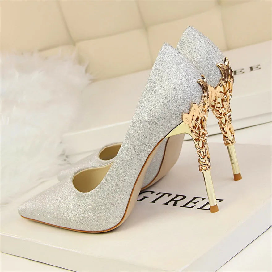 2025 novo elegante metal esculpido salto feminino bombas de seda sólida apontou toe rasa moda salto alto 10cm feminino vestido de casamento sapatos