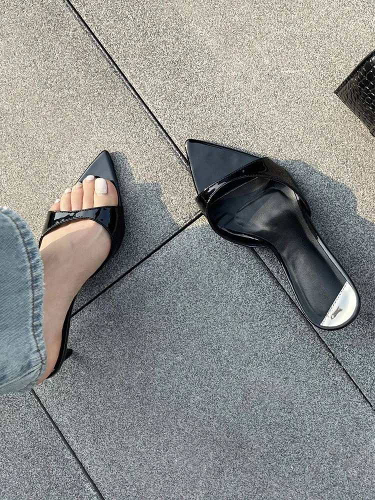 Aneikeh2025 moda sexy pu rasa magro salto alto feminino apontou dedo do pé aberto ao ar livre cor sólida anti deslizamento sandálias chinelos mules