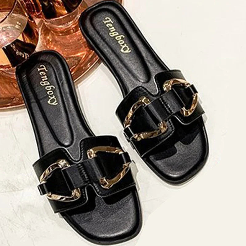 Mulheres decoração de metal única banda sandálias planas moda sexy dedo do pé aberto ao ar livre slides luxuoso escritório senhoras festa sapatos femininos
