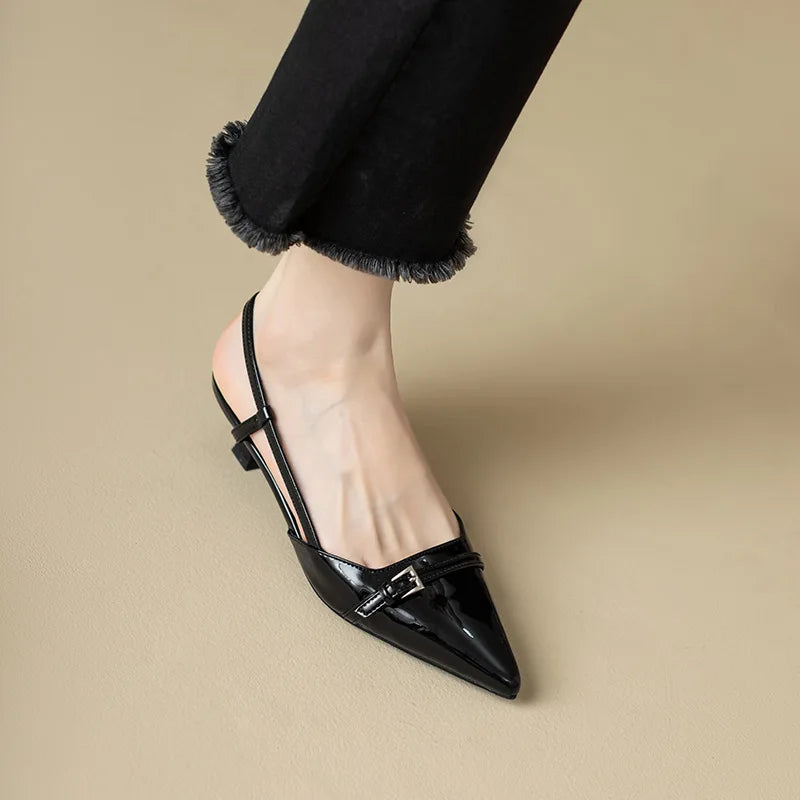 2024 novo verão vinho francês vermelho apontou couro de patente sandálias de salto médio para mulheres retro salto magro volta sapatos vazios