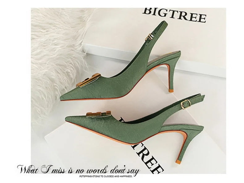 Metal fivela quadrada sapatos de festa de salto fino preto verde branco mulher apontou toe oco volta cinta bombas sandálias de salto médio