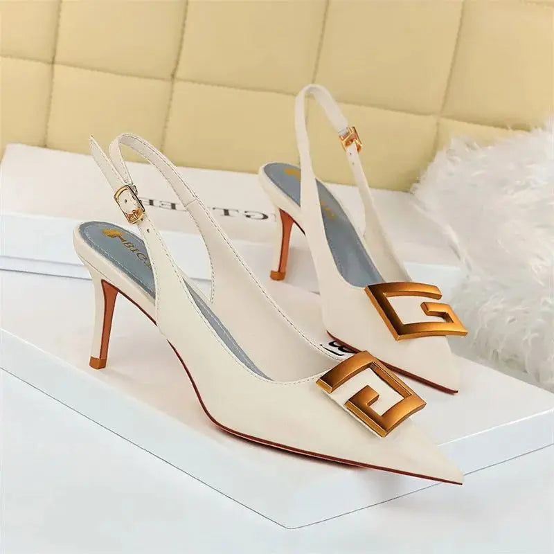 Metal fivela quadrada sapatos de festa de salto fino preto verde branco mulher apontou toe oco volta cinta bombas sandálias de salto médio