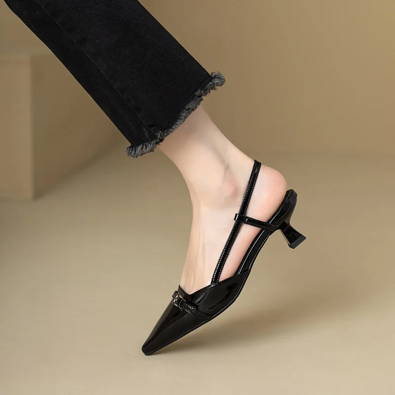 2024 novo verão vinho francês vermelho apontou couro de patente sandálias de salto médio para mulheres retro salto magro volta sapatos vazios