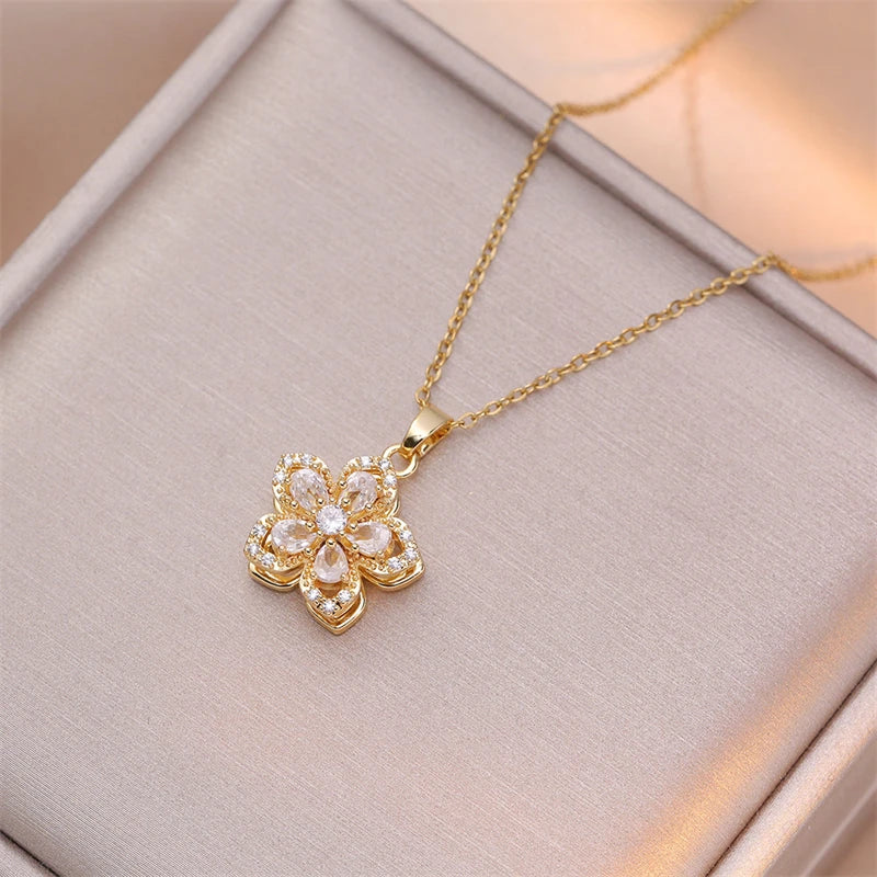 Brilhante zircão romântico flor pingente colar para mulheres banhado a ouro rotativo flores gargantilha meninas festa de casamento jóias de luxo