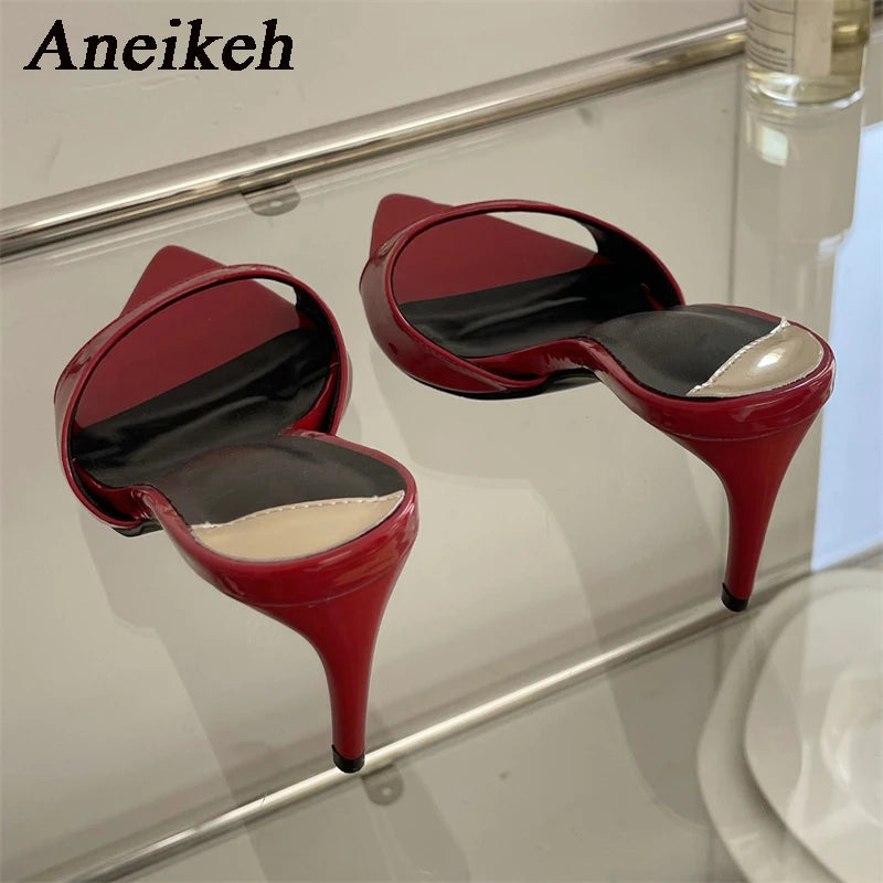 Aneikeh2025 moda sexy pu rasa magro salto alto feminino apontou dedo do pé aberto ao ar livre cor sólida anti deslizamento sandálias chinelos mules