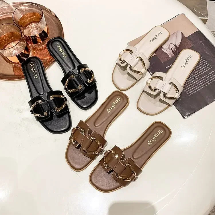 Mulheres decoração de metal única banda sandálias planas moda sexy dedo do pé aberto ao ar livre slides luxuoso escritório senhoras festa sapatos femininos