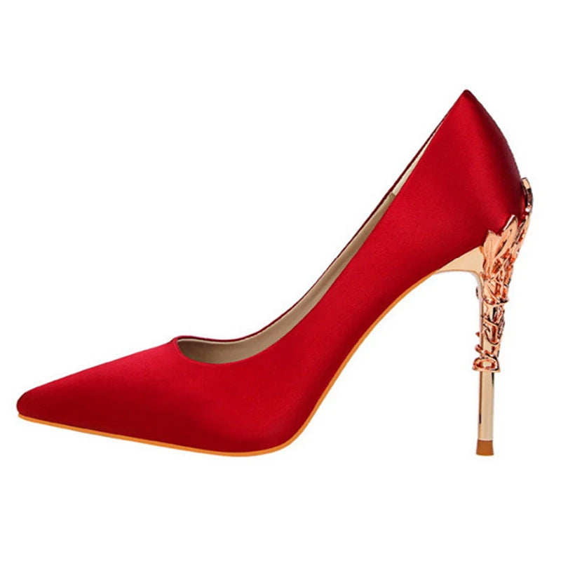 2025 novo elegante metal esculpido salto feminino bombas de seda sólida apontou toe rasa moda salto alto 10cm feminino vestido de casamento sapatos