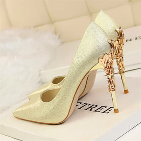 2025 novo elegante metal esculpido salto feminino bombas de seda sólida apontou toe rasa moda salto alto 10cm feminino vestido de casamento sapatos