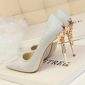 2025 novo elegante metal esculpido salto feminino bombas de seda sólida apontou toe rasa moda salto alto 10cm feminino vestido de casamento sapatos