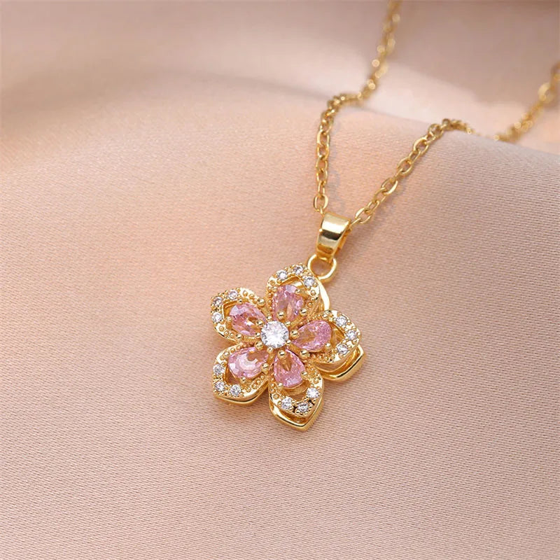 Brilhante zircão romântico flor pingente colar para mulheres banhado a ouro rotativo flores gargantilha meninas festa de casamento jóias de luxo