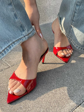 Aneikeh2025 moda sexy pu rasa magro salto alto feminino apontou dedo do pé aberto ao ar livre cor sólida anti deslizamento sandálias chinelos mules