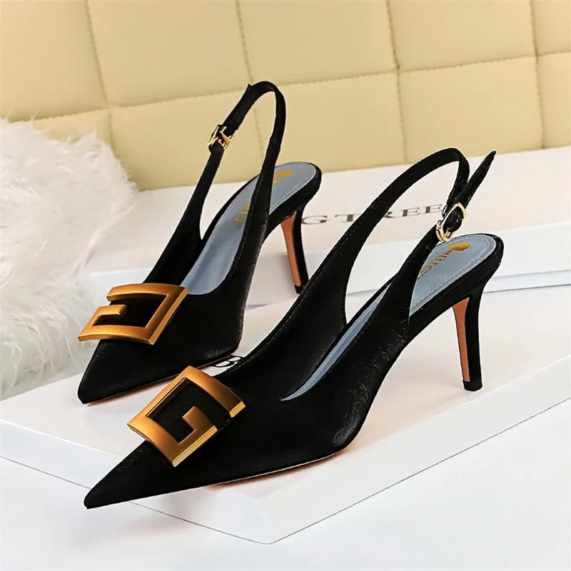 Metal fivela quadrada sapatos de festa de salto fino preto verde branco mulher apontou toe oco volta cinta bombas sandálias de salto médio