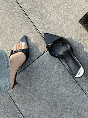 Aneikeh2025 moda sexy pu rasa magro salto alto feminino apontou dedo do pé aberto ao ar livre cor sólida anti deslizamento sandálias chinelos mules