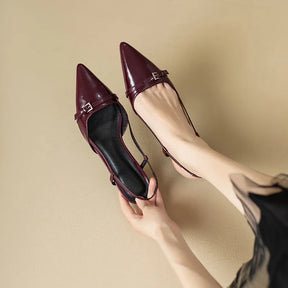 2024 novo verão vinho francês vermelho apontou couro de patente sandálias de salto médio para mulheres retro salto magro volta sapatos vazios