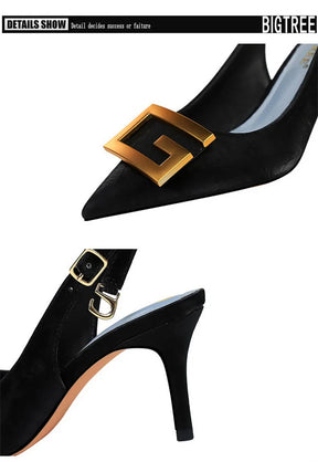 Metal fivela quadrada sapatos de festa de salto fino preto verde branco mulher apontou toe oco volta cinta bombas sandálias de salto médio