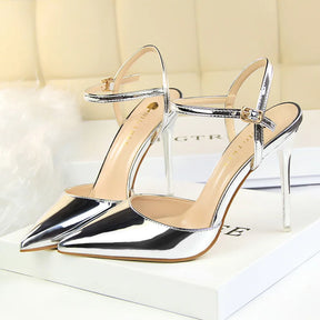 Mulheres 10.5cm sandálias de salto alto senhora metálico cinza couro patente stripper tornozelo cinta sandles casamento fetiche boate sapatos