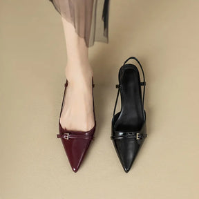 2024 novo verão vinho francês vermelho apontou couro de patente sandálias de salto médio para mulheres retro salto magro volta sapatos vazios