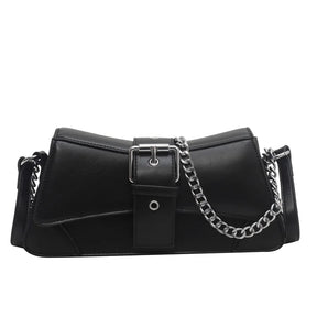 Bolsa de ombro monocromática com corrente para mulheres, bolsa pequena de couro PU, carteira vintage, marca de luxo Lady Flap Crossbody Sling Bag