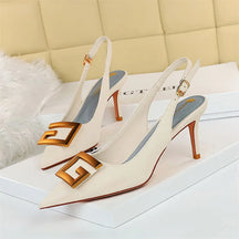 Metal fivela quadrada sapatos de festa de salto fino preto verde branco mulher apontou toe oco volta cinta bombas sandálias de salto médio