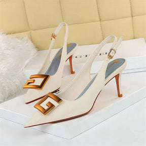 Metal fivela quadrada sapatos de festa de salto fino preto verde branco mulher apontou toe oco volta cinta bombas sandálias de salto médio