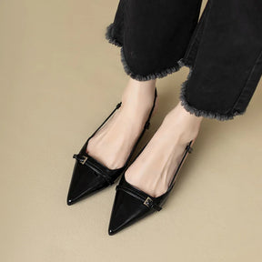 2024 novo verão vinho francês vermelho apontou couro de patente sandálias de salto médio para mulheres retro salto magro volta sapatos vazios