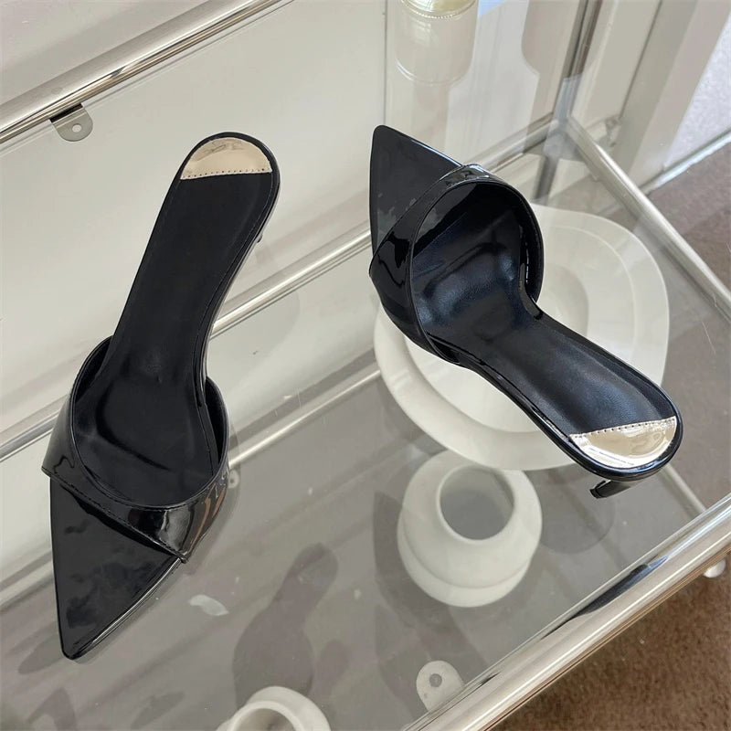Aneikeh2025 moda sexy pu rasa magro salto alto feminino apontou dedo do pé aberto ao ar livre cor sólida anti deslizamento sandálias chinelos mules