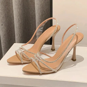 Mulheres verão strass estilingue bombas senhora do escritório sandálias de salto transparente elegante dedo do pé apontado feminino sexy salto alto