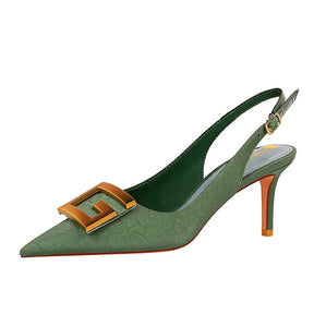 Metal fivela quadrada sapatos de festa de salto fino preto verde branco mulher apontou toe oco volta cinta bombas sandálias de salto médio