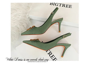 Metal fivela quadrada sapatos de festa de salto fino preto verde branco mulher apontou toe oco volta cinta bombas sandálias de salto médio