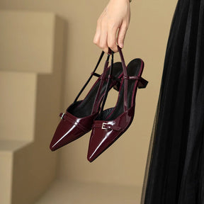 2024 novo verão vinho francês vermelho apontou couro de patente sandálias de salto médio para mulheres retro salto magro volta sapatos vazios