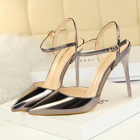 Mulheres 10.5cm sandálias de salto alto senhora metálico cinza couro patente stripper tornozelo cinta sandles casamento fetiche boate sapatos