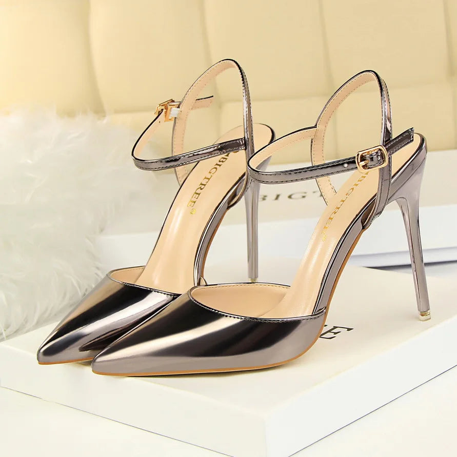 Mulheres 10.5cm sandálias de salto alto senhora metálico cinza couro patente stripper tornozelo cinta sandles casamento fetiche boate sapatos