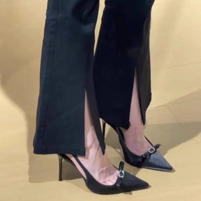 2025 primavera e verão novos saltos altos de cetim para mulheres, saltos finos com estilo arco, sapatos únicos pontiagudos franceses, sandálias baotou