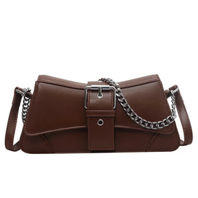 Bolsa de ombro monocromática com corrente para mulheres, bolsa pequena de couro PU, carteira vintage, marca de luxo Lady Flap Crossbody Sling Bag