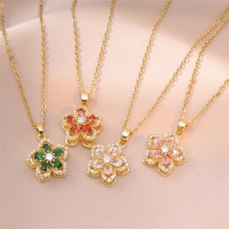 Brilhante zircão romântico flor pingente colar para mulheres banhado a ouro rotativo flores gargantilha meninas festa de casamento jóias de luxo