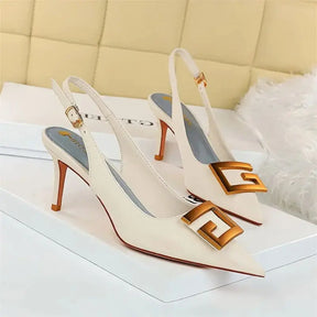 Metal fivela quadrada sapatos de festa de salto fino preto verde branco mulher apontou toe oco volta cinta bombas sandálias de salto médio