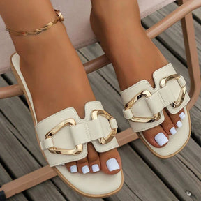 Mulheres decoração de metal única banda sandálias planas moda sexy dedo do pé aberto ao ar livre slides luxuoso escritório senhoras festa sapatos femininos