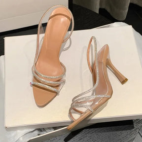Mulheres verão strass estilingue bombas senhora do escritório sandálias de salto transparente elegante dedo do pé apontado feminino sexy salto alto