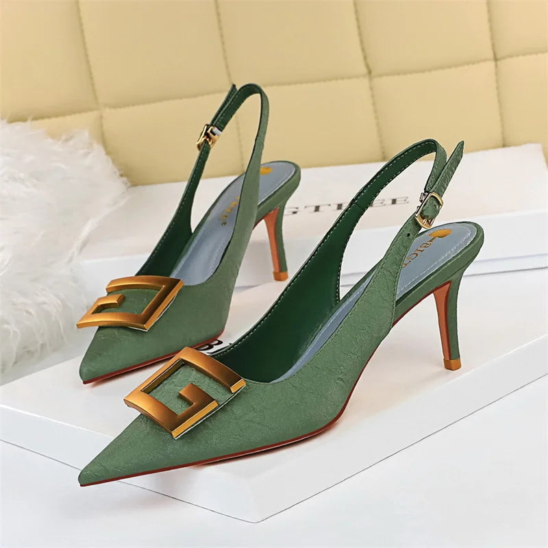 Metal fivela quadrada sapatos de festa de salto fino preto verde branco mulher apontou toe oco volta cinta bombas sandálias de salto médio