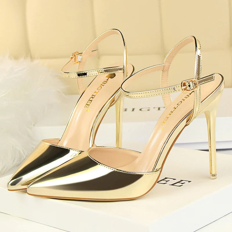 Mulheres 10.5cm sandálias de salto alto senhora metálico cinza couro patente stripper tornozelo cinta sandles casamento fetiche boate sapatos