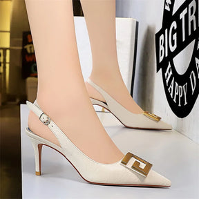 Metal fivela quadrada sapatos de festa de salto fino preto verde branco mulher apontou toe oco volta cinta bombas sandálias de salto médio