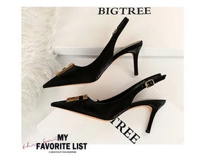 Metal fivela quadrada sapatos de festa de salto fino preto verde branco mulher apontou toe oco volta cinta bombas sandálias de salto médio