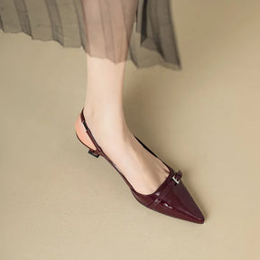 2024 novo verão vinho francês vermelho apontou couro de patente sandálias de salto médio para mulheres retro salto magro volta sapatos vazios