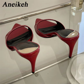 Aneikeh2025 moda sexy pu rasa magro salto alto feminino apontou dedo do pé aberto ao ar livre cor sólida anti deslizamento sandálias chinelos mules