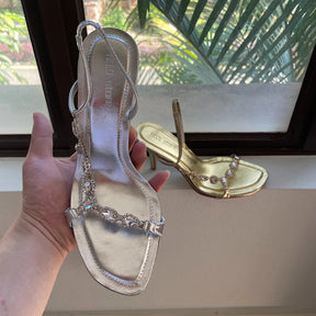 Sandálias de strass dourado para mulheres, salto alto estilete, sapatos elegantes femininos, alça traseira, sandálias de passarela, festa, verão, 2022, dourado
