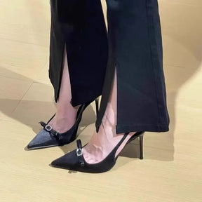 2025 primavera e verão novos saltos altos de cetim para mulheres, saltos finos com estilo arco, sapatos únicos pontiagudos franceses, sandálias baotou