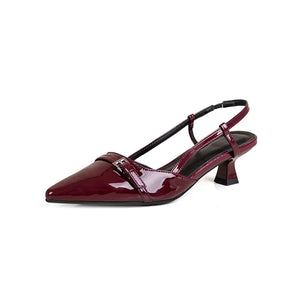 2024 novo verão vinho francês vermelho apontou couro de patente sandálias de salto médio para mulheres retro salto magro volta sapatos vazios