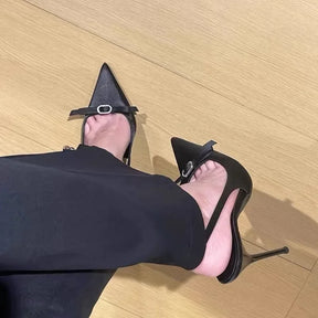 2025 primavera e verão novos saltos altos de cetim para mulheres, saltos finos com estilo arco, sapatos únicos pontiagudos franceses, sandálias baotou